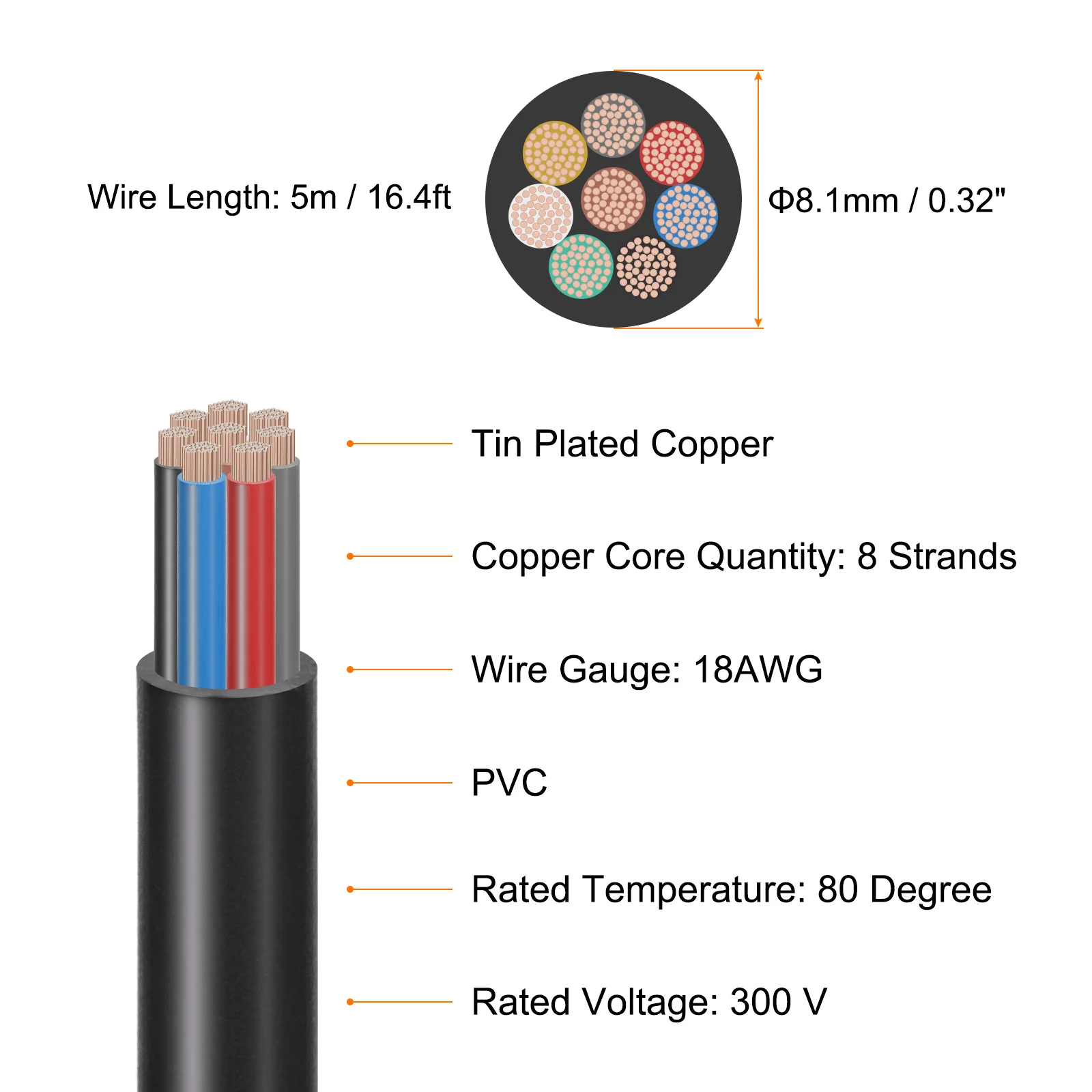 5m/10m 24 22 20 18AWG Sheathed Wire Cable 7 8 Core Electrical Cable High Flexible Tinned Copper Electric Wire for House Wiring