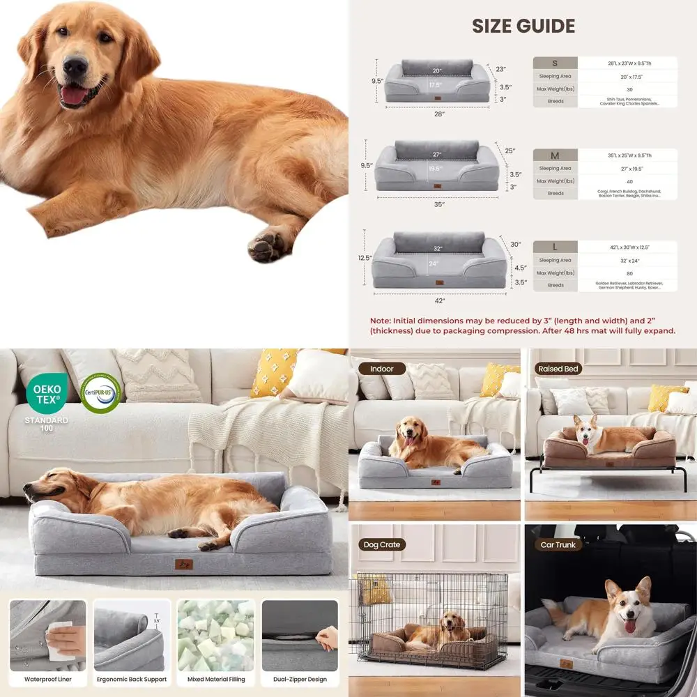 

Large Dog Orthopedic Sofa Bed, XL Waterproof Couch with Removable Flannel Cover, 42 Supportive Foam, Light Grey