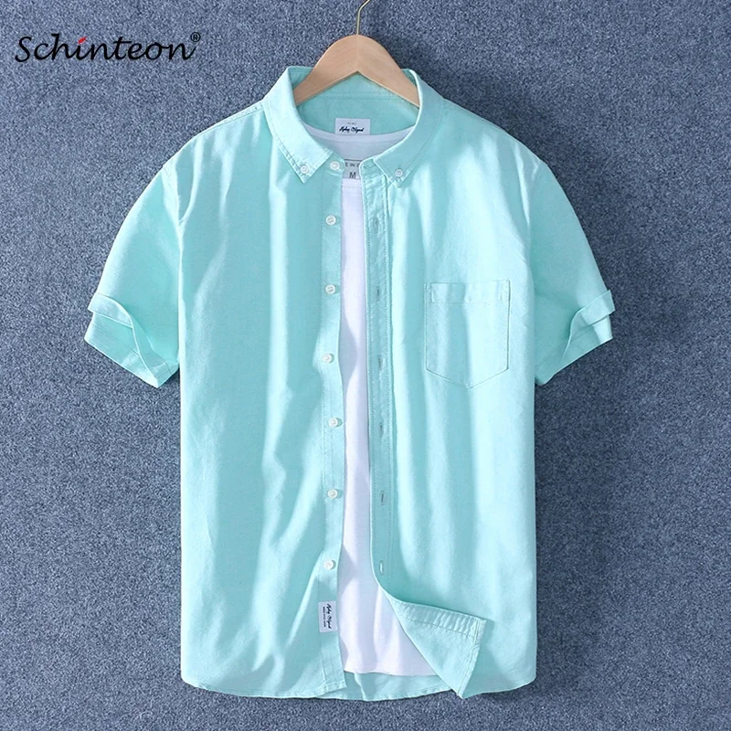 Brand Schinteon Men Summer 100% Cotton Shirt Oxford Short sleeved Smart Casual Slim Shirt Turn-down Collar Brand New Arrival
