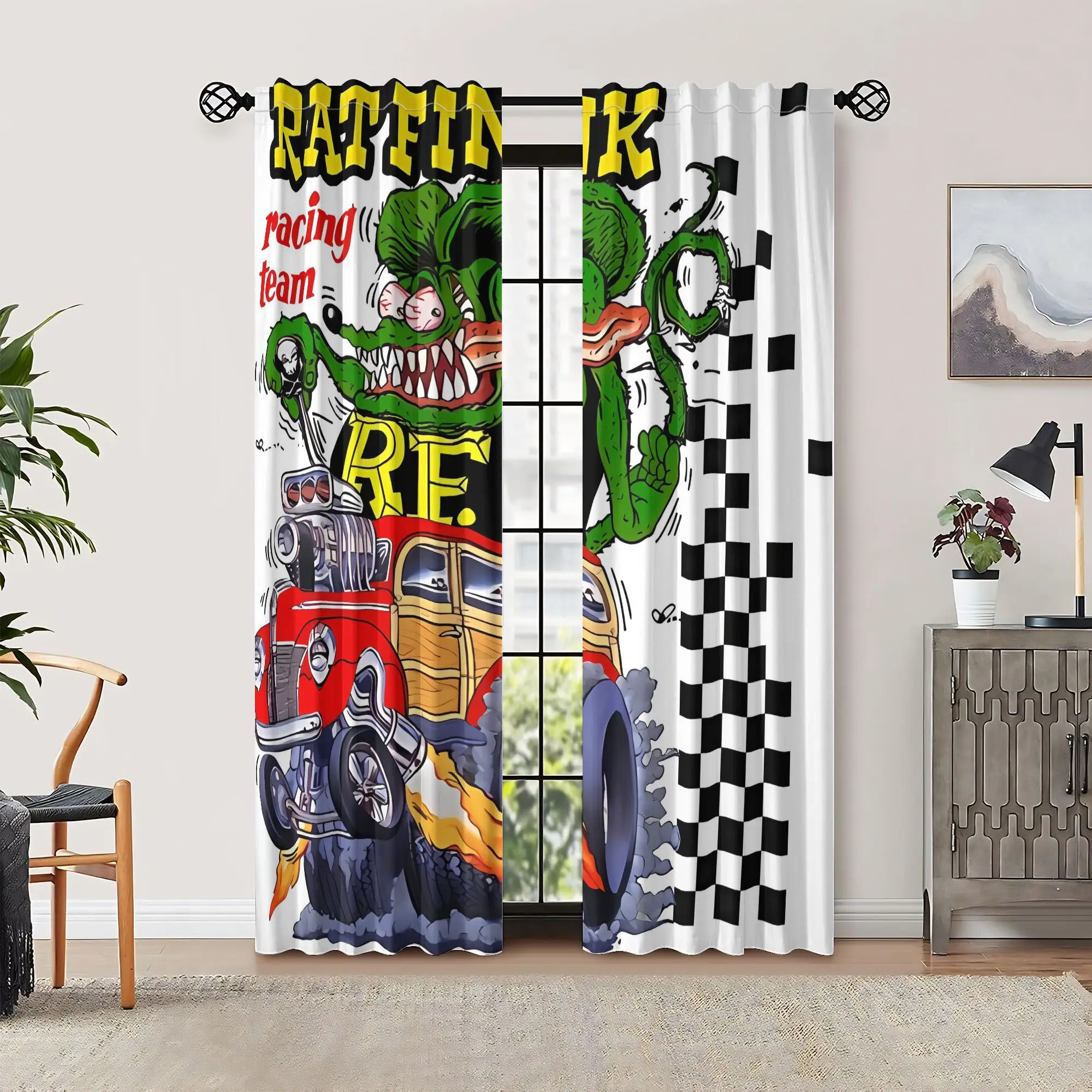 Rat Fink Hot Rod Curtain 2 Panels, Monster Race Car Checkered Flag White Print, Drapes for Man Cave Racing Room Decor Curtain