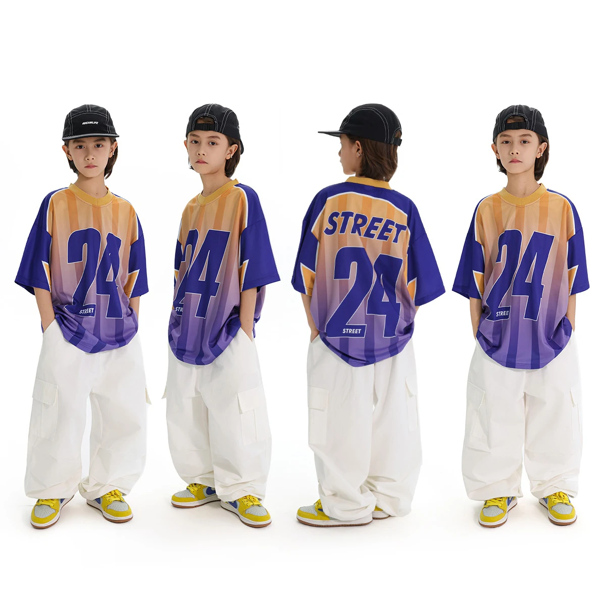 

2025 Jazz Dance Suit Boys Stripe Top White Cargo Pants Hiphop Suit Children Practice Clothes Street Dance Stage Costumes DN20960