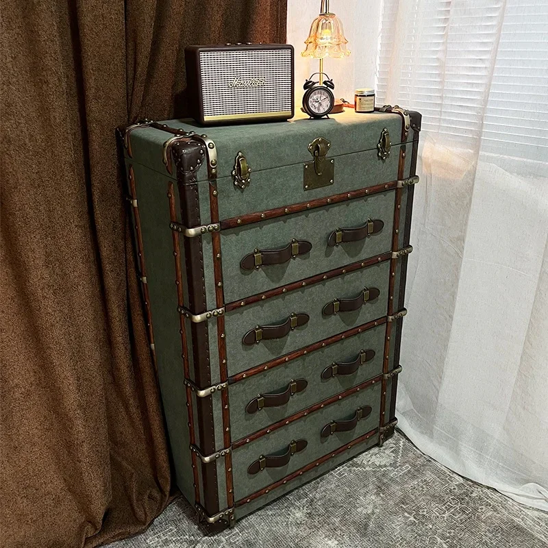 

American Retro Style Leather Box High Bucket Cabinet Living Room Middle Ancient Entrance Cabinet Designer Storage Cabinet