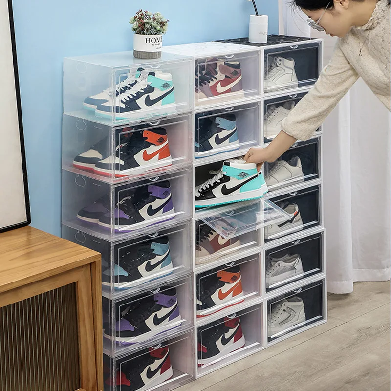 Folding Shoe Box Wiht Side Door Large Transparentshoe Storage Box Thickened Dustproof Acrylic Stackable Combined Shoe Cabinet