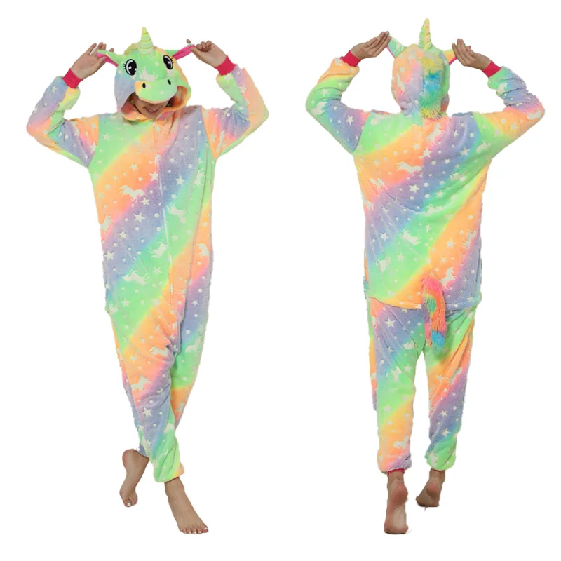 Rainbow Sleepwear Flannel Clothing Unisex Pajamas For Adult Loungewear Halloween Cosplay Thicken Oversized Onesies Hooded Tail