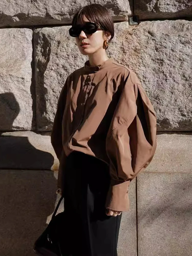 DEAT Fashion Women\'s Shirt Stand Collar Lantern Sleeves Single Breasted Loose Cotton Casual Blouse Summer 2024 New Tide 7AB4376