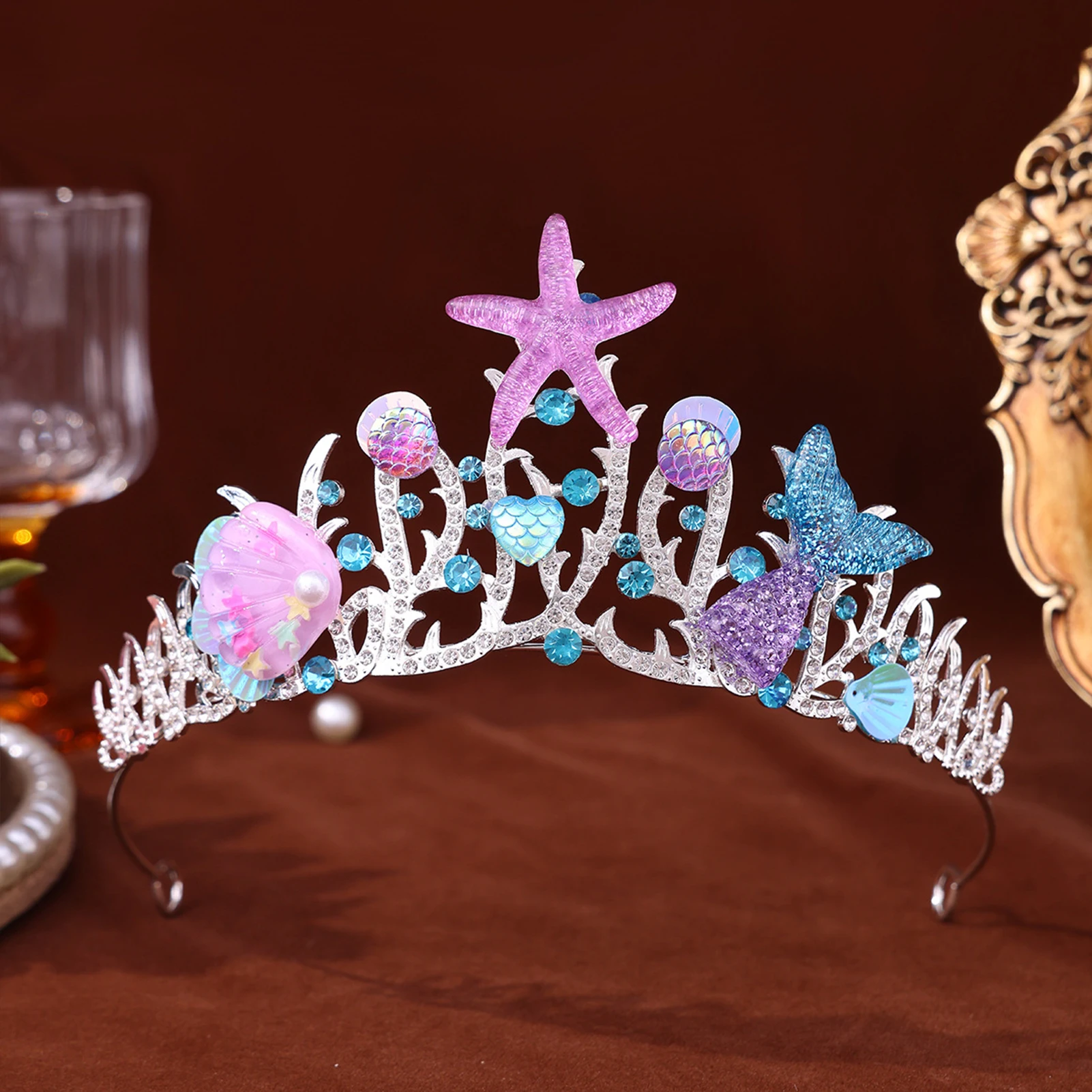 Princess Crown Ocean Theme Wedding Headband Sparkling Rhinestone Tiara for Bride Bridesmaid Costume Party Jewelry Gift
