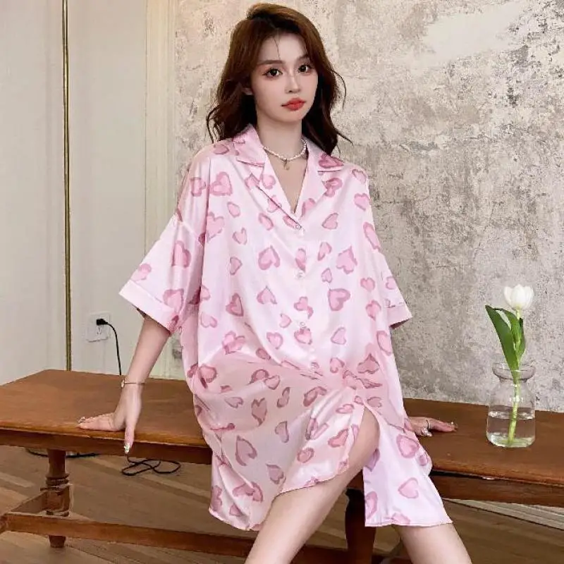 

Summer Print Nightshirts Women Nightdress Lapel Sleepwear Bathrobe Casual Sleepshirt Home Dress Female Nightgown Loungewear