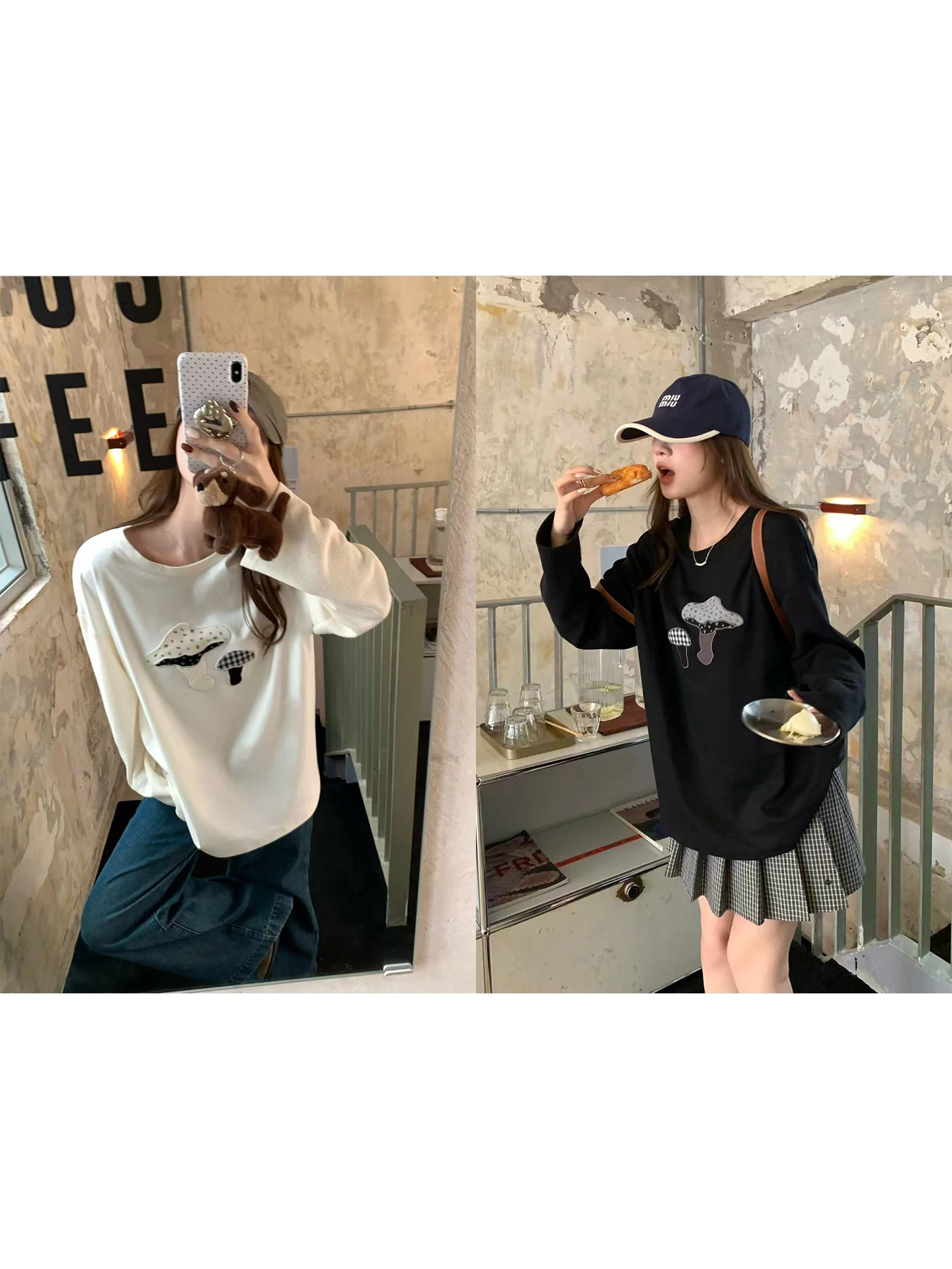 

Ladies' round Ne Long Sve T-irt Musoom Patch Embroidery Casual Sle Comfortable Cotton Autumn Faion Top