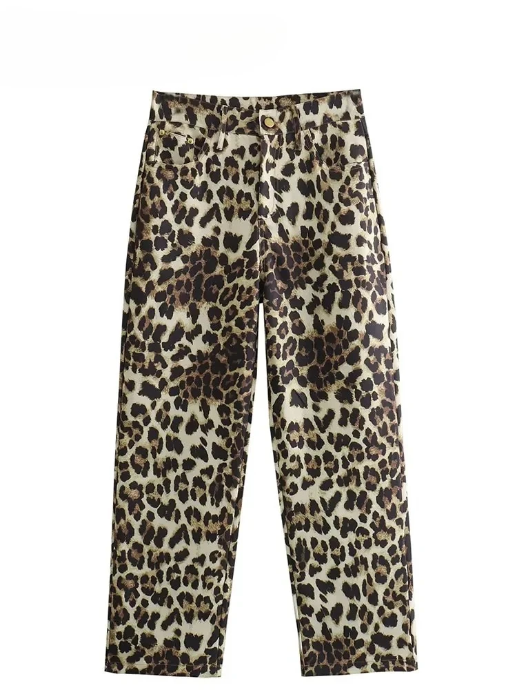 

2025 Fashionable Female Summer Vintage Straight Pants Chic Street Bottoms High Waist Leopard Print Zipper Fly Wide Leg Trousers