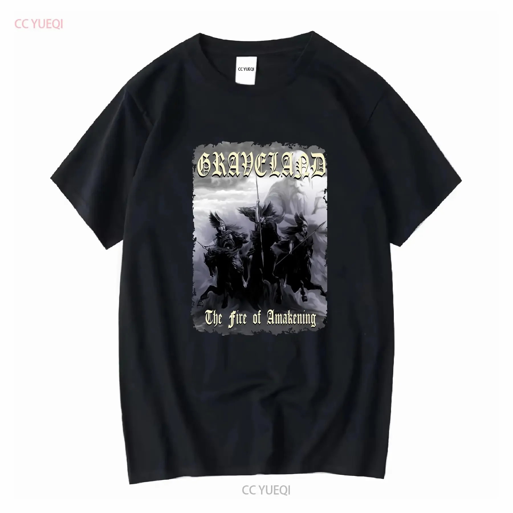 GRAVELAND Camisa Fire of Awakening L metal negro Woodtemple Morrigan Bathory manga larga o corta vintage Lavado