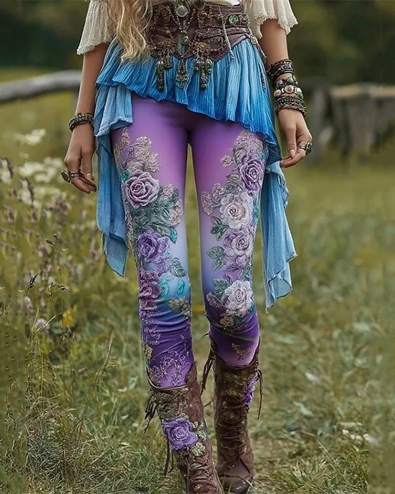 Pantalones de mujer Leggings con estampado de flores Leggings acogedores Casual Boho Longitud completa Cintura elástica Vacaciones en la calle Ropa diaria