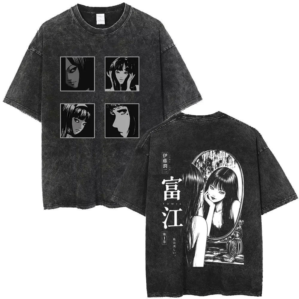 Anime Tomie Junji Ito Vintage Washed T-shirt Men Women Retro Manga Horror Gothic T Shirts Male Casual Cotton Short Sleeve Tshirt