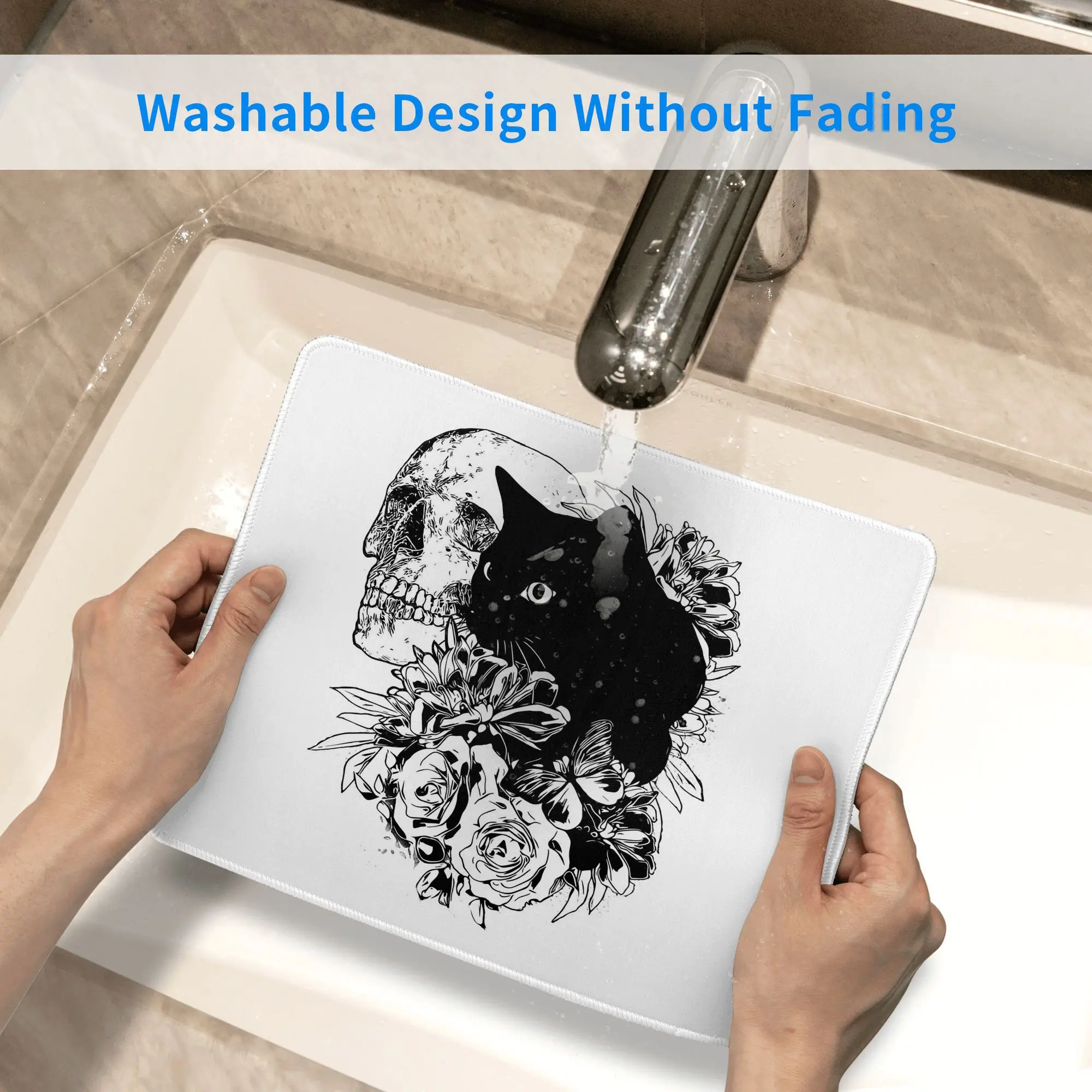 Skull and Black cat with peony Mouse Pad Computer Keyboard Mouse Mat Gamer PC Laptop Desk Mat Office Accessories Table Mats