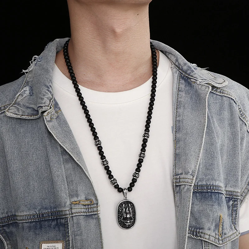 Fashion Stainless Steel Wolf Dog Tag Pendant Necklace Black Ball Bead Chain Agate Link For Mens 8mm 27.6inch