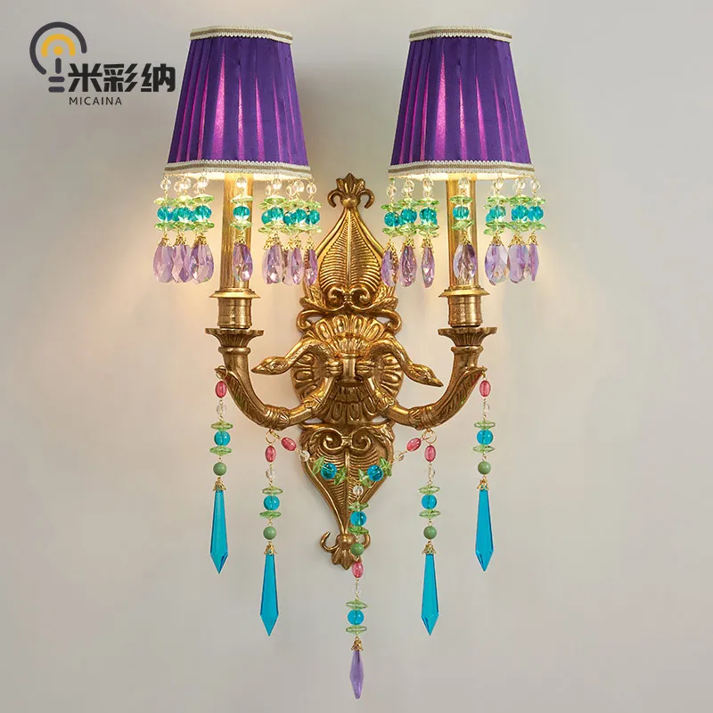 

French retro romantic all-copper crystal wall lamp European villa living room bedroom girl princess room bedside lamp