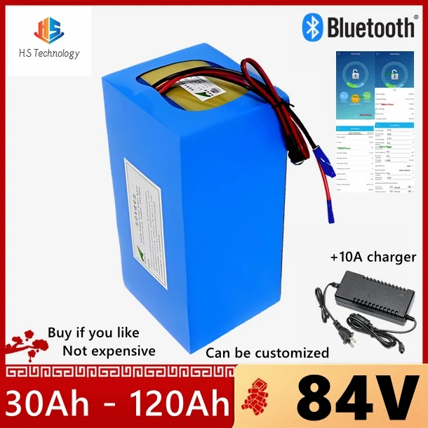 84v 50Ah 30Ah lithium ion battery 100Ah 84V 60Ah 80Ah bluetooth APP BMS for 5000w motorcycle Floor golf cart + 10A charger