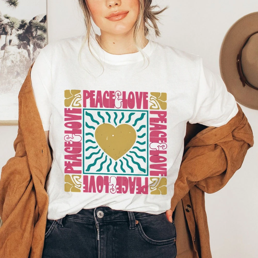 

Women's Peace & Love T-Shirt Retro Boho Shirt Peace And Love Tee Mental Health Shirts Women’s Graphic Top Tees Vibes Clothing