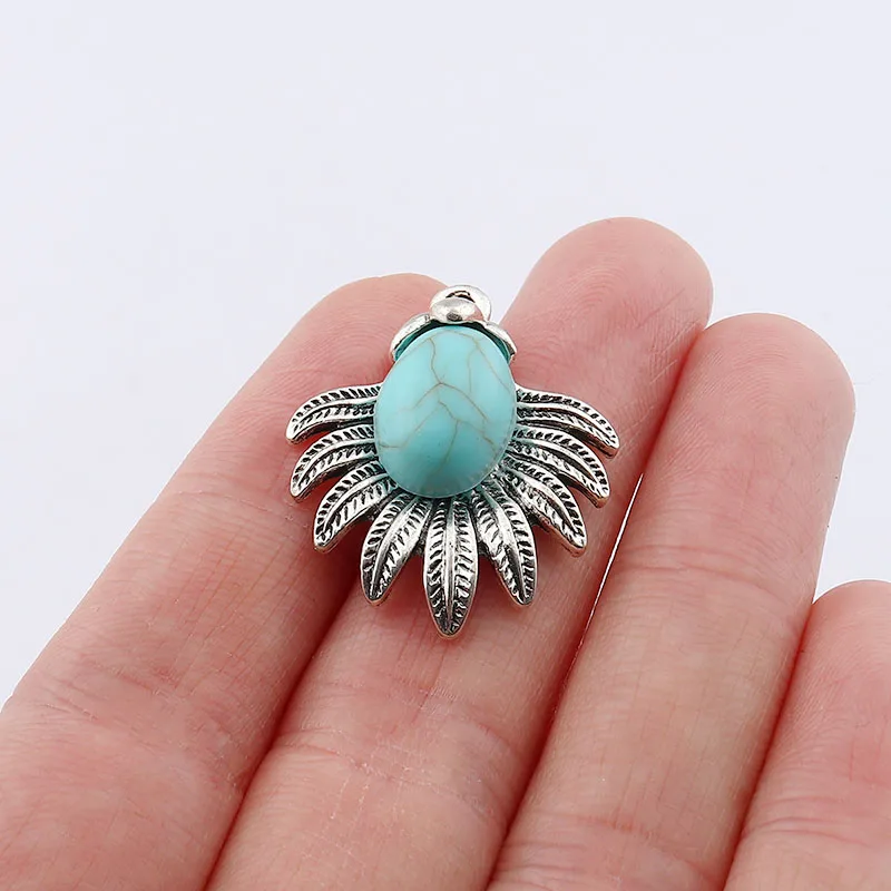 4 x Imitation Turquoises Stone Leaf Patterns Boho Tibetan Silver Charms Pendants For DIY Necklace Earring Accessories 18x13mm