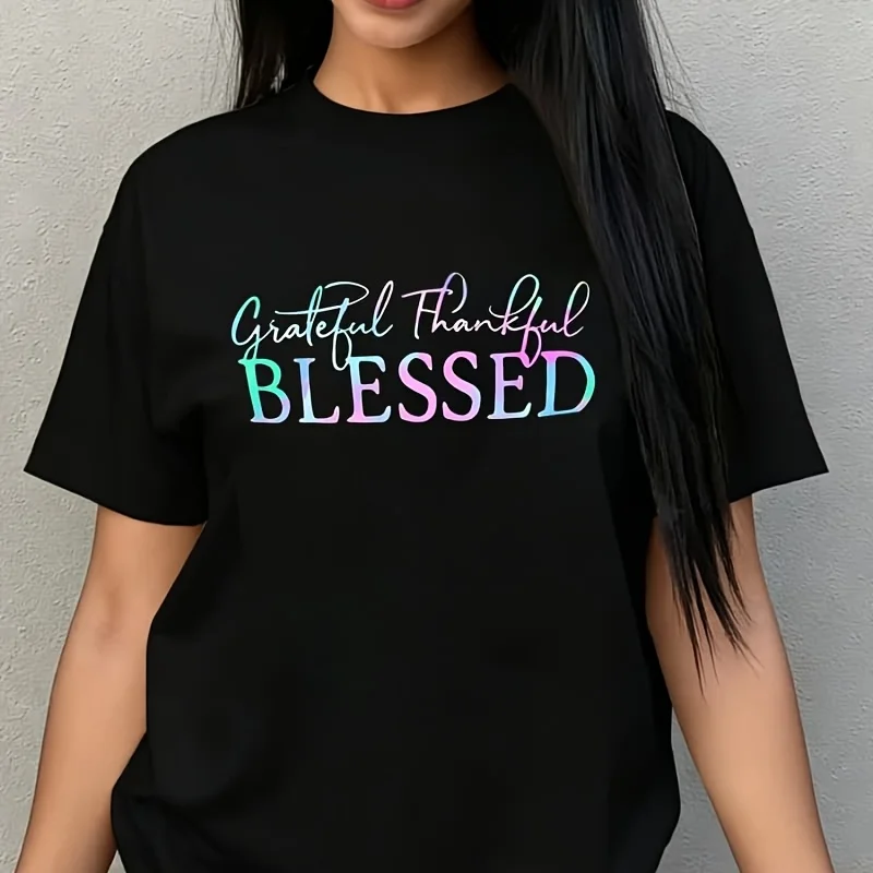 Girleful Thankful Blessed Women's Plus Size T-Shirt 100% Cotton 220g