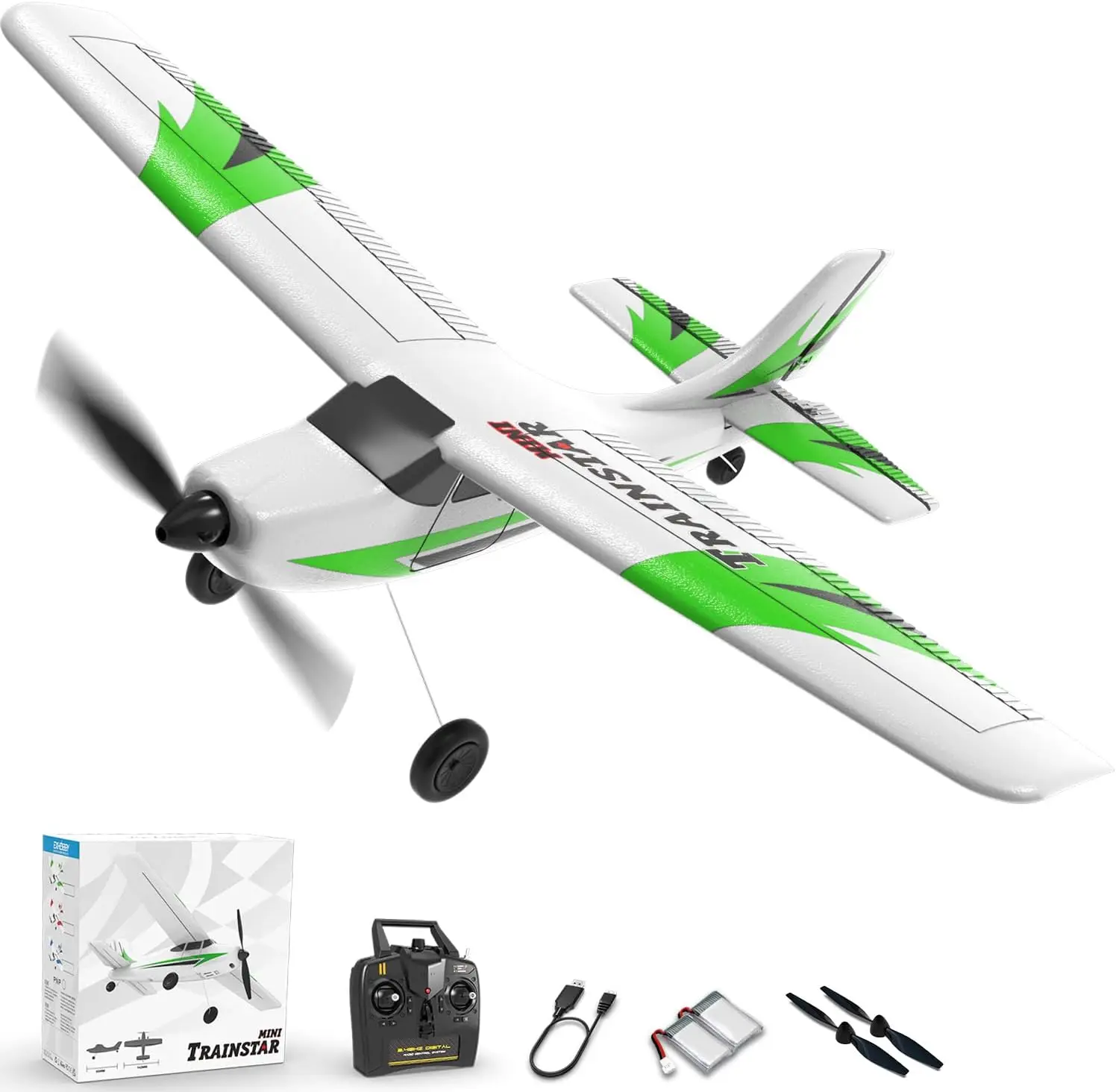 3CH Remote Control Trainer Plane with Prop Saver, 6-Axis Gyro Stabilizer, and 3 Flight Modes, Ready-to-Fly Hobby Aircraft for Beginners and Adults, 400mm Green