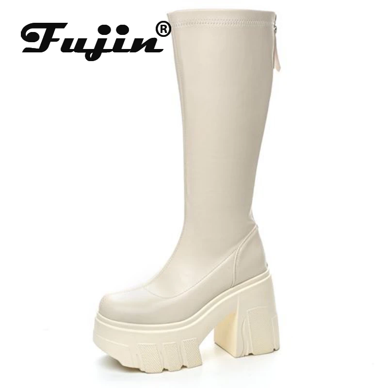 Fujin 11cm microfibra primavera romana stivali alti al ginocchio da donna Hight Top autunno donna scarpe da donna con zeppa in pelle sintetica