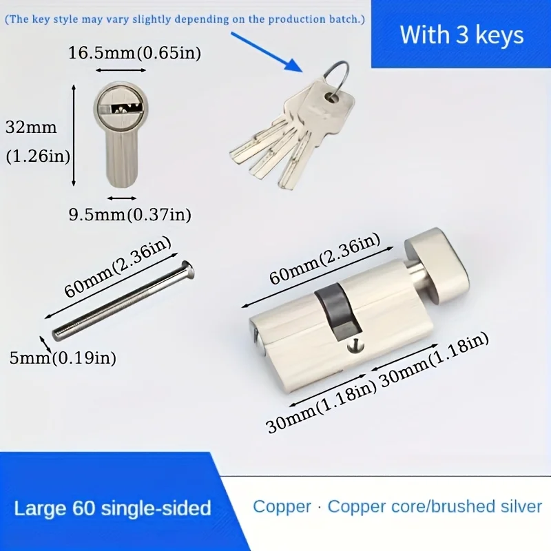 1Pc European Standard 60/70/80/90mm Lock Cylinder, Lock Cylinder Assembly with 3 Brass Keys, Suitable for Patio Sliding Doors, Single-Opening Design with Knob, Features Anti-Rust, Anti-Corrosion, and Anti-Theft Functions view 5