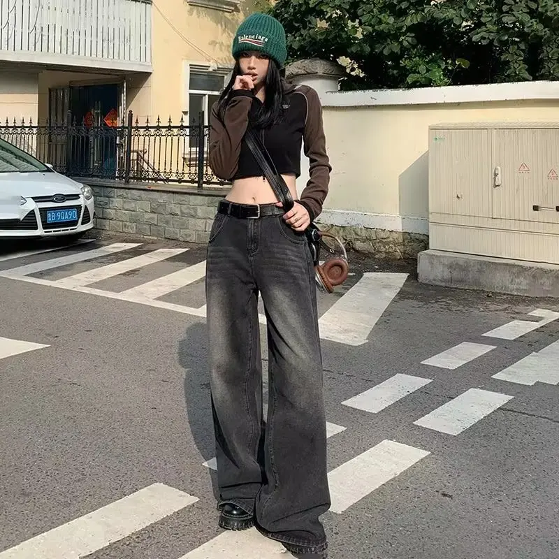 Dżinsy z szeroką nogawką kobiet koreańska moda Harajuku luźne spodnie jeansowe oversize Streetwear w stylu Vintage, wiosenna i jesienne spodnie codzienne