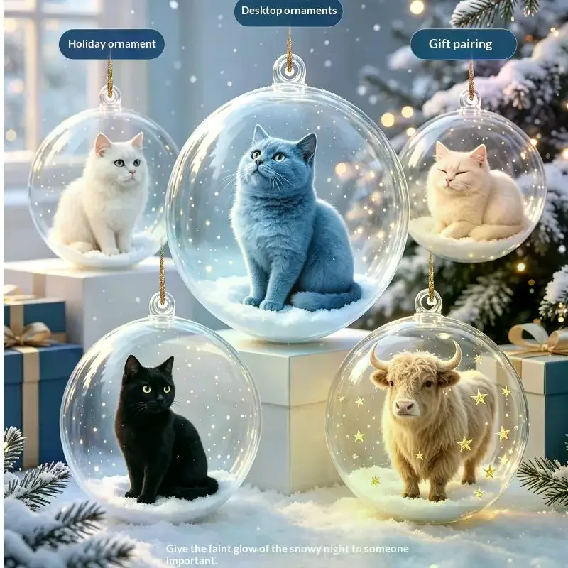 Clear Acrylic Christmas Ornament Shiny Kawaii Cat Design Shatterproof Hanging Pendant for Xmas Tree Winter Party Decor Gifts