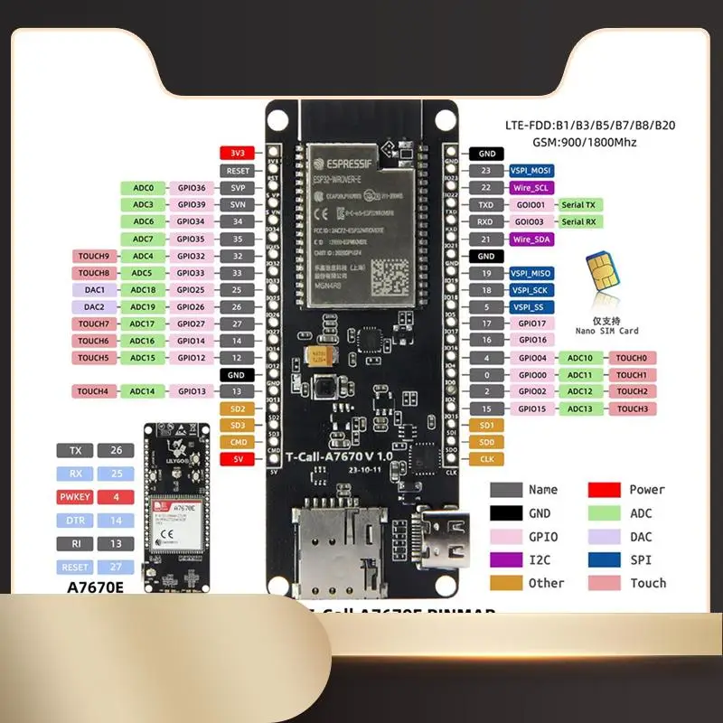LILYGO T-Call A7670 4G 2G ESP32 مجلس التنمية A7670E LTE GSM شبكة ESP32-WROVER-E واي فاي بلوتوث وحدة لاسلكية-N36R
