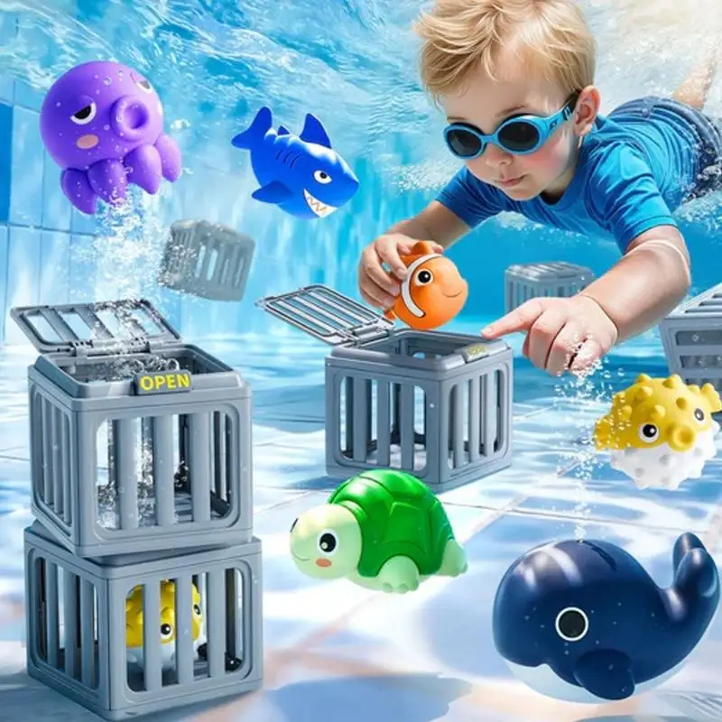 QX2E Underwater Pool Toy for Kids Summer Training Swim Pool Diving Toy Set for Funs Water Games Plastic Cage Sea Animal Set