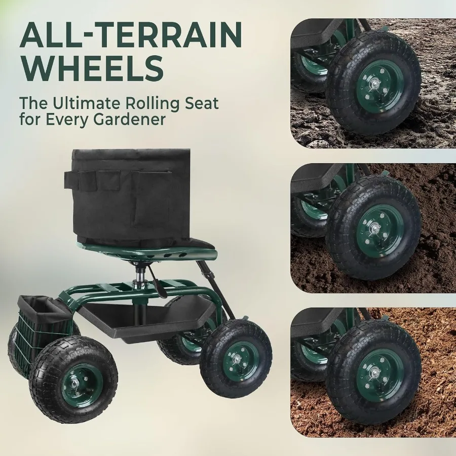 مقعد حديقة بعجلات قابل للتعديل 360 قطب البستنة البراز مع تعديل الارتفاع الهيدروليكي مسند الظهر مريح ومخزن الأدوات #5