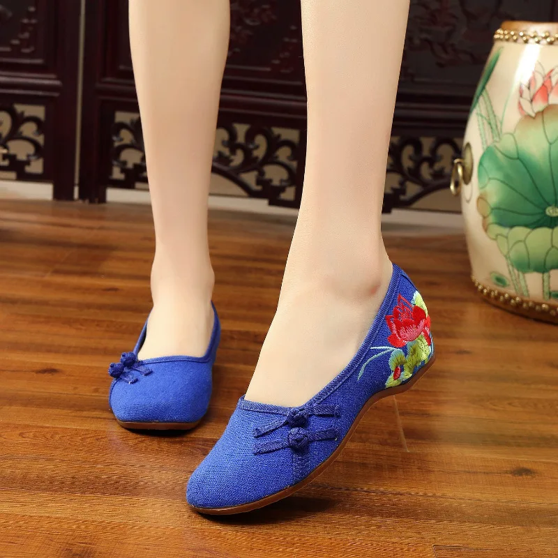 Casual Women Cotton Fabric Embroidered Slip on Ballet Flats Retro Chinese Style Ladies Soft Comfortable Ballerinas Shoes