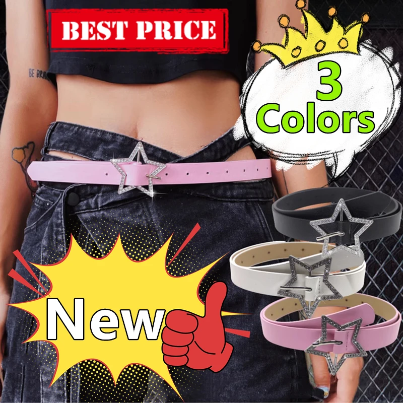 

New Fashion Star Buckle Belt Leather Shiny Rhinestone Girdle Vintage Y2K Pentagram Belts Versatile Jeans Clothing Accessories