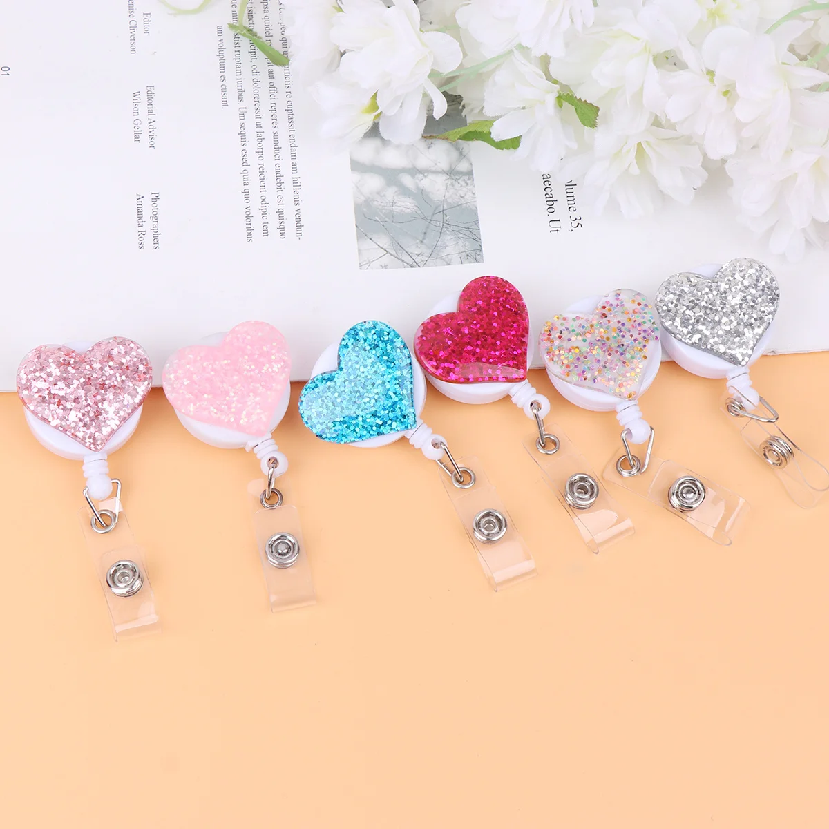 

6Pcs Heart Shape Badge Reels Colorful Cartoon Design Nurse Retractable Id Badge Holder Clips for Office Staff Students Nurses