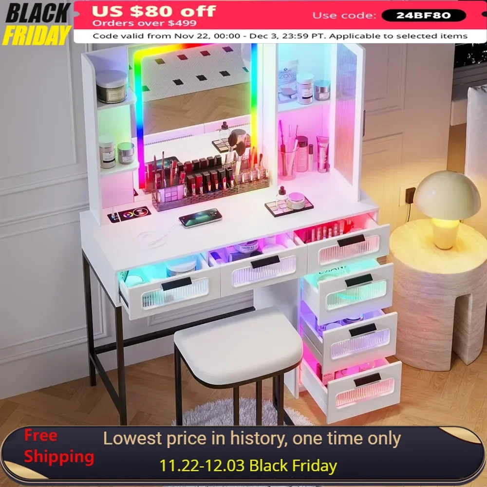 Vanity Set Storage Vanity Makeup Desk Lights and Mirror Dressers 2 Drawers