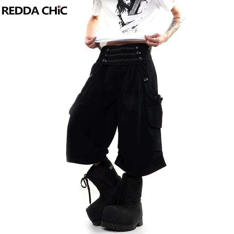 REDDACHiC Punk Retro Cargo Capri Jeans Men Emo Button Wide Leg Elastic Waist Bermuda Denim Shorts Grunge Alternative Clothes