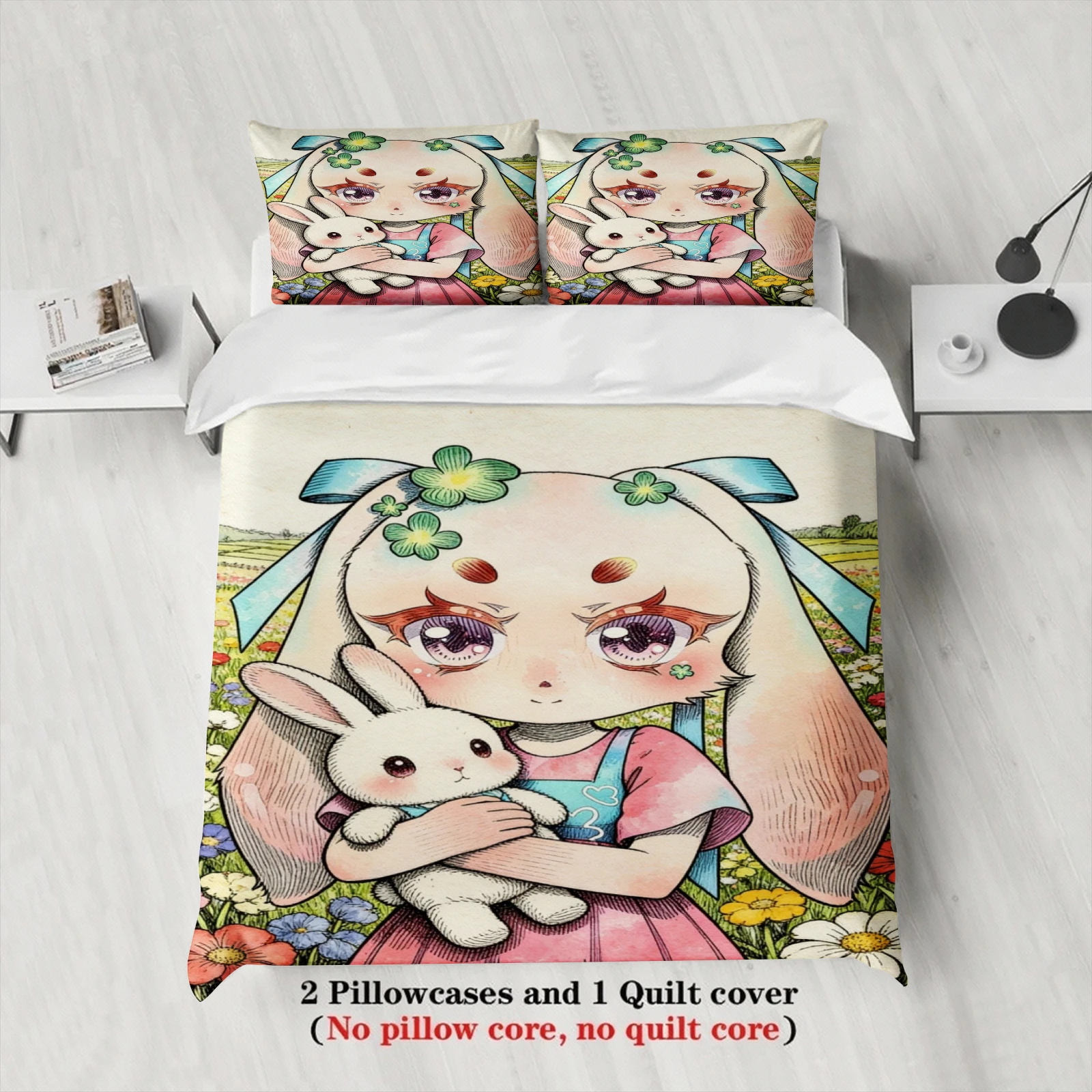 Softville Cozy Town 3PCS Bedding Sets Lop Rabbit Holding Rabbit Pint Duvet Cover No filling Cartoon Style Queen King Size