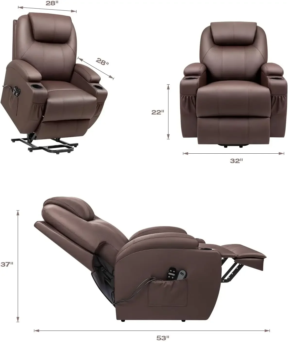 Electric Power Lift Recliner Chair for Elderly Reclining Sofa for Living Room with Massage, Side Pockets and Cup Holders (Leathe