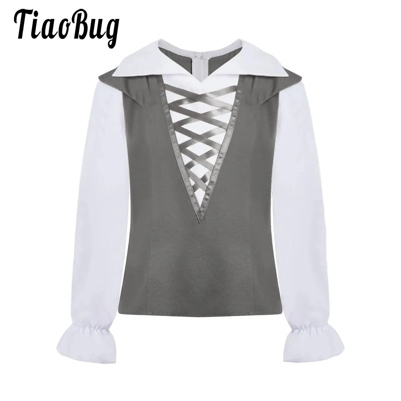

Kids Boys Renaissance Victorian Shirts Ballet Dance Costume Top Retro Long Sleeve Front Crisscross Color Block Patchwork Shirts
