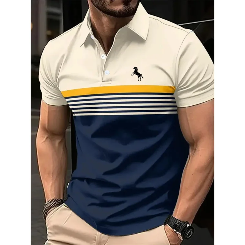 Simple striped pattern polo shirts for men's summer trend, personalized 3d printed polo shirts, cool streetwear, oversized tops