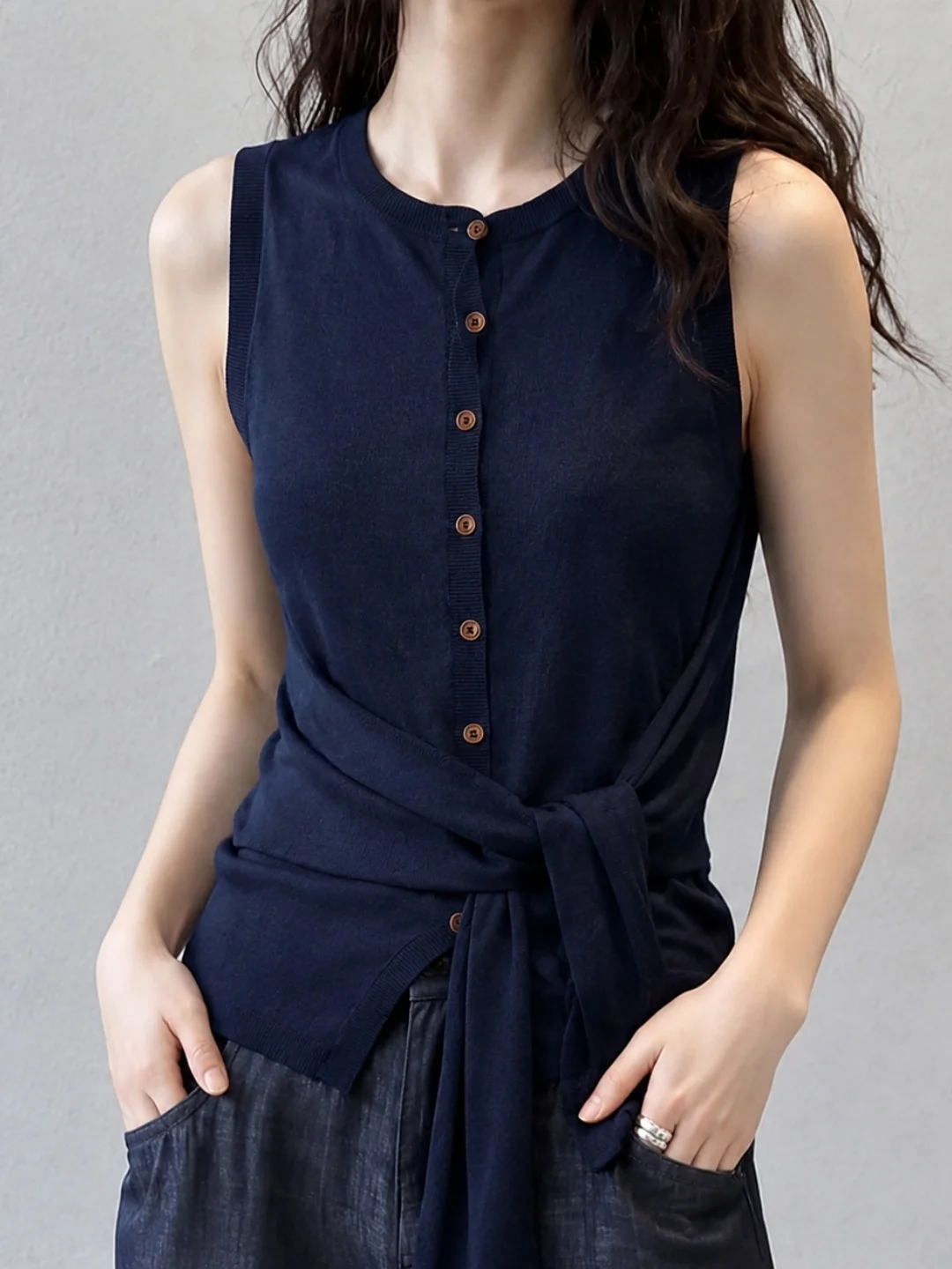 

Elegant Pure Color round Neck Design Sensation Belted Slim Fit Sleeveless Vest Women's Summer Korean Style Small Audience