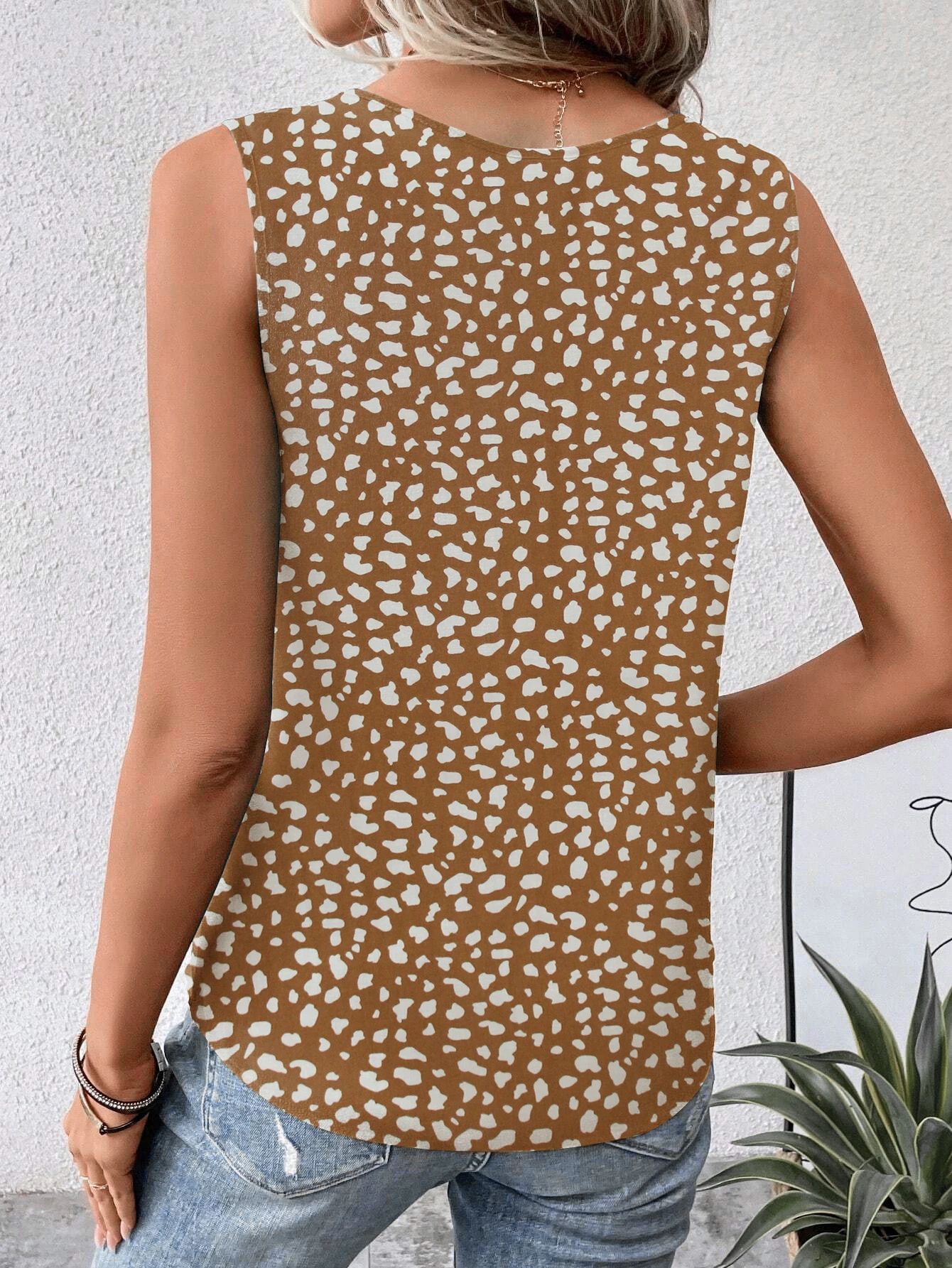 Ladies Dalmatian Print V-neck Sleeveless Top Women Blouse Shirts