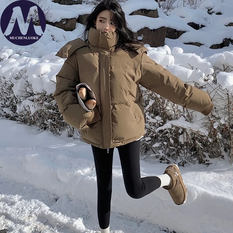 

Куртки для женщин, зимние новые элегантные хлопковые ватные пальто с длинными рукавами и капюшоном, корейская мода, повседневные свободные толстые теплые короткие парки