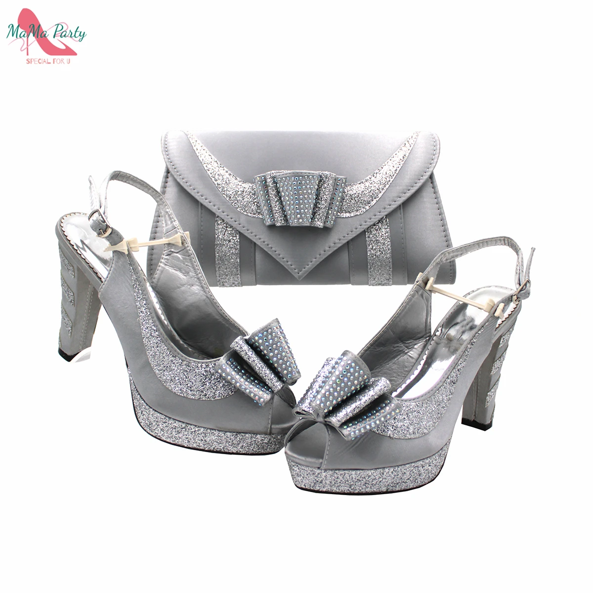 Fashion Pretty Peep Toe African Women Shoes Matching Bag Set in Silver Color Elegant Style Platform Sandals for Party