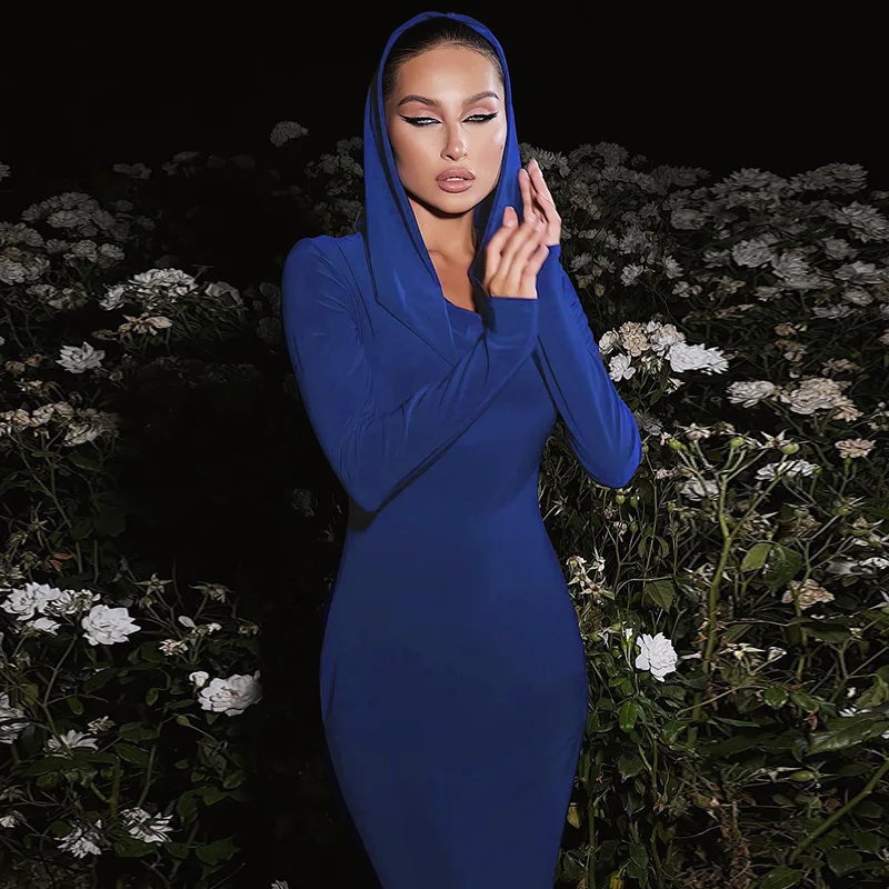 

Hooded Solid Color Long-sleeved Slim Dress Autumn Winter Women's New Fashion Long Dress Elegant Party Dresses Платье Женское