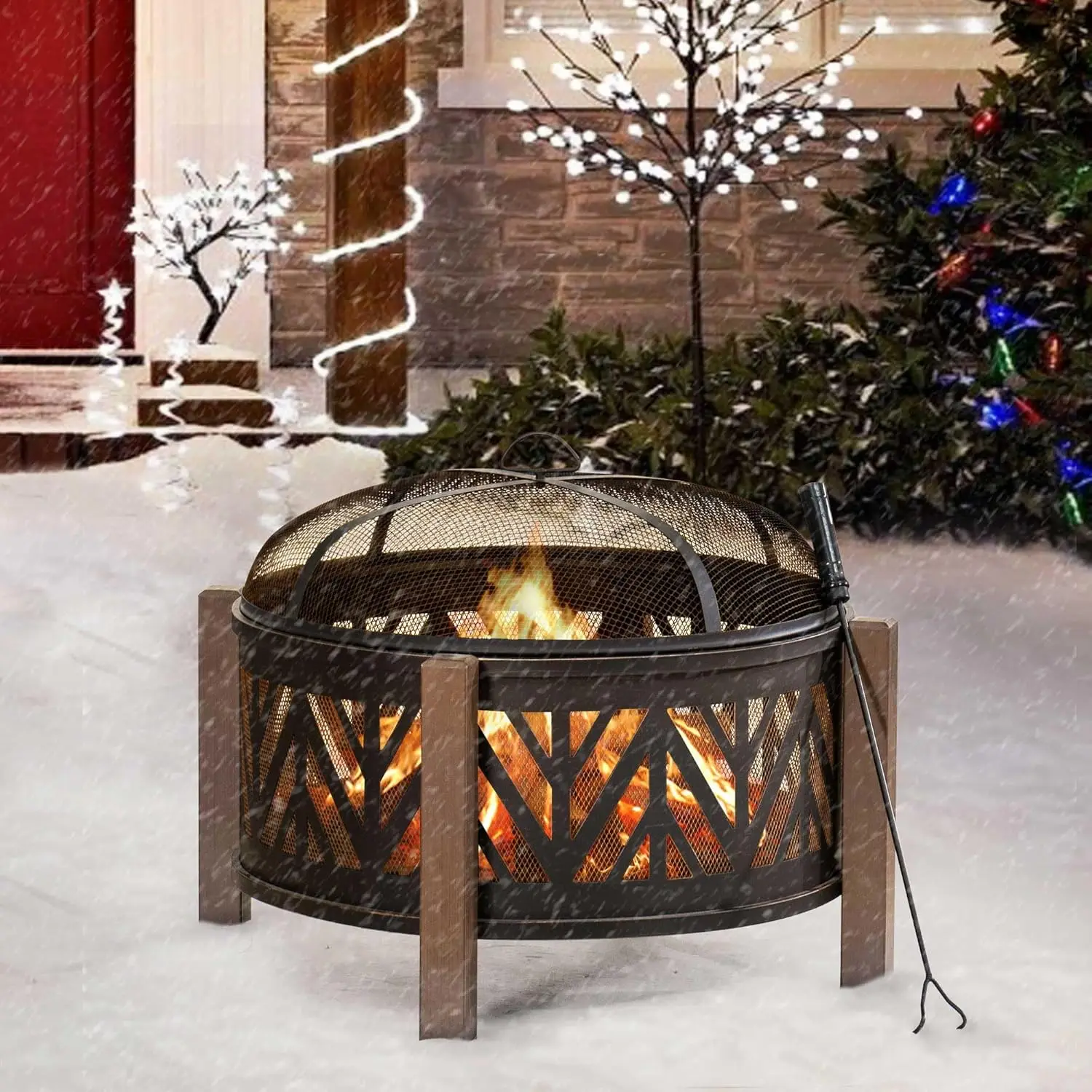 27 in. Large Fire Pits for Outside Round Wood-Burning Fire Pit, Outdoor Patio Steel Bowl Shape Fire Pit with Mesh Spark Screen