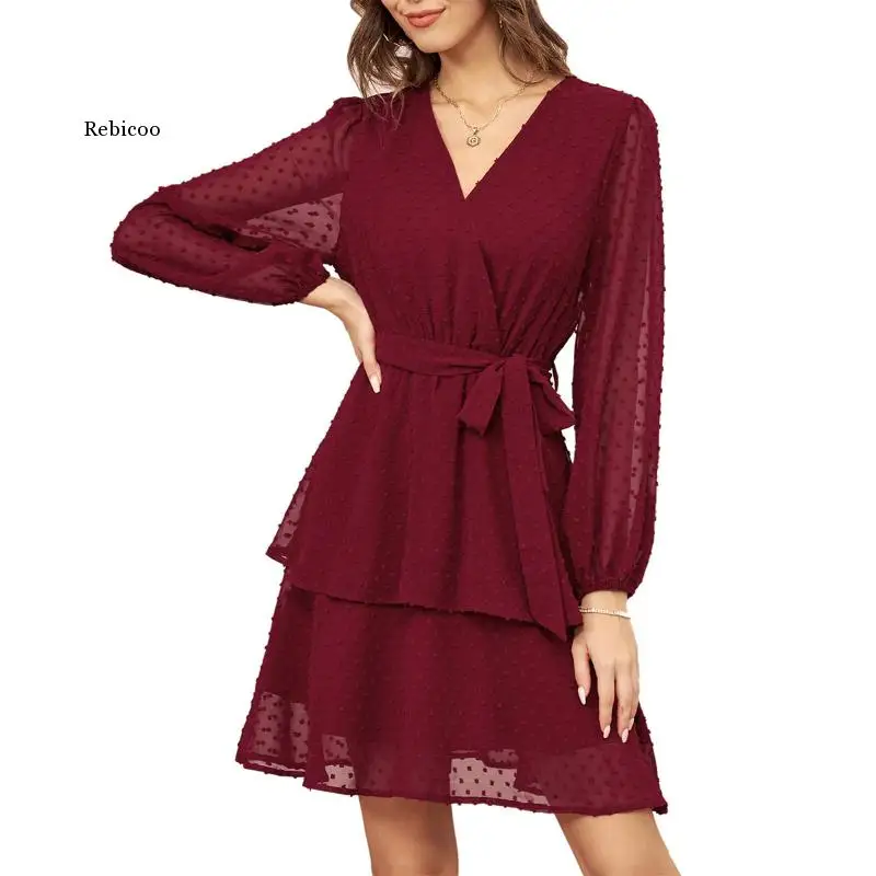 Sexy Deep V Neck Swiss Chiffon Dress Women Ruffles Trim Lantern Sleeve A Line Mini Pleated Skirt Tie-in Waist Party Dresses