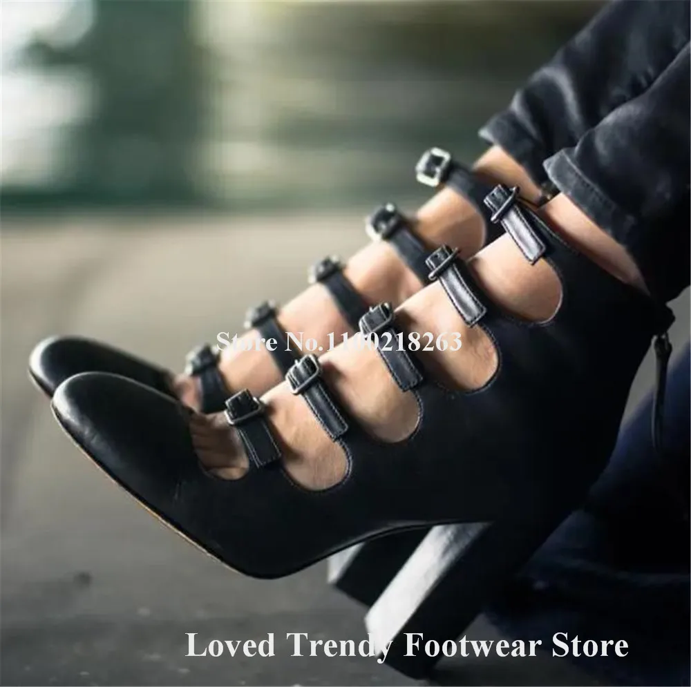 

Elegant Black Matte Leather Metal Buckles Chunky Heel Pumps Round Toe Straps Thick Heel Dress Shoes Party Heels Big Size