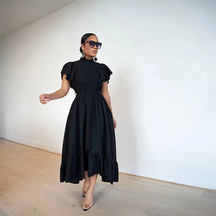 Women Vintage Dress Stand Collar Short Sleeve Shirt Dresses Button High Waist Lace Up Vestidos A Line Elegant Lady Summer