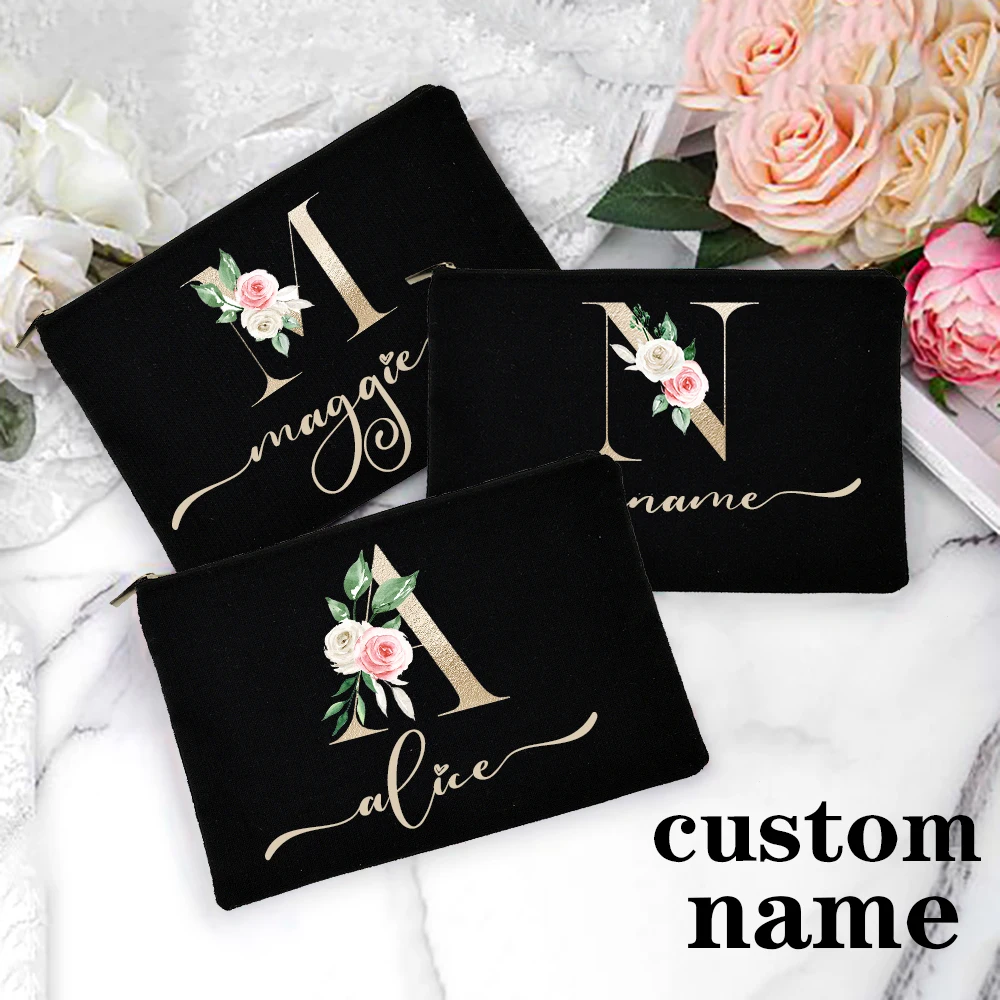 Custom Name Travel Party Wedding Gifts Personalized Name Women Makeup Bag Gold Alphabet Flowers Canvas Cosmetic Cases Handbag